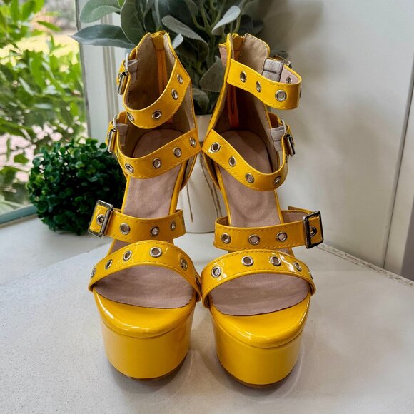 Yellow Patent Leather Buckle Straps Sexy Stiletto Platform High Heel Pumps Sz 7 - Picture 3 of 8